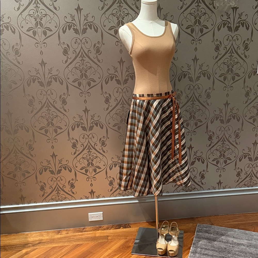Lapis Brown Beige Plaid Knee Length A-Line Skirt S & Ribbed Tank Top XS